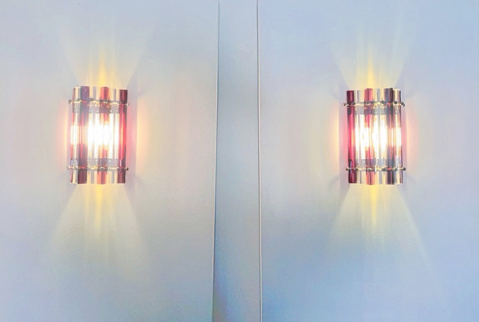 Murano Vegglampe | 7 Klare Ametystfargede Prismeglass | 1 par