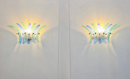 Murano Vegglampe | 9 Blå Gull Turkise Palmeglass | 1 par