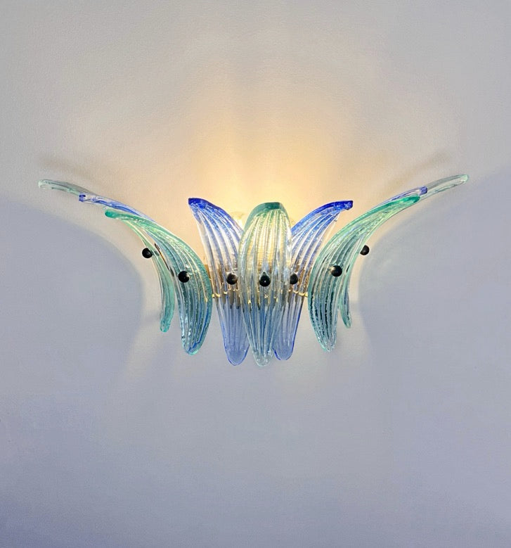 Murano Vegglampe | 9 Blå Gull Turkise Palmeglass | 1 par