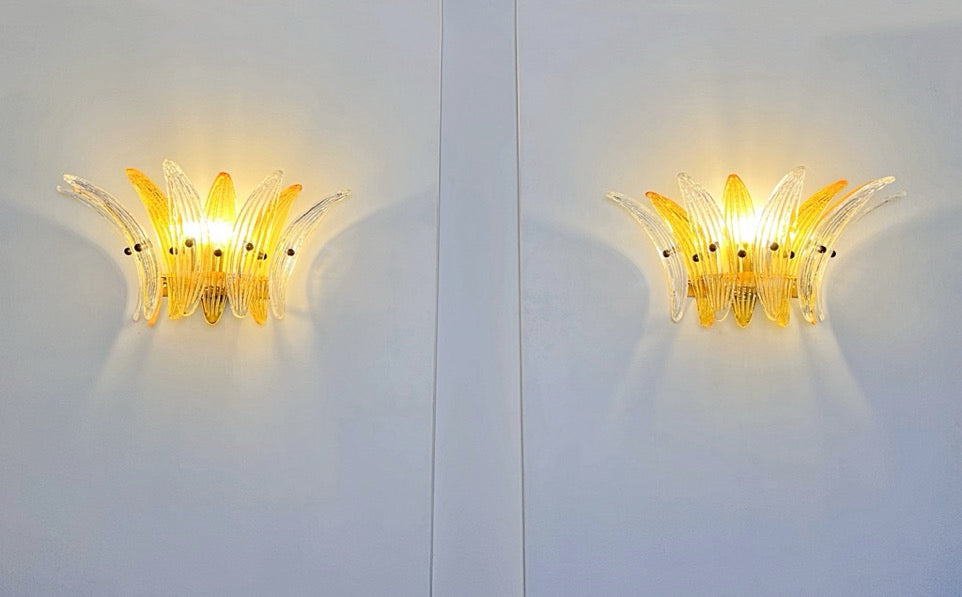 Murano Vegglampe | 9 Klare Gule Gull Palmeglass | 1 par