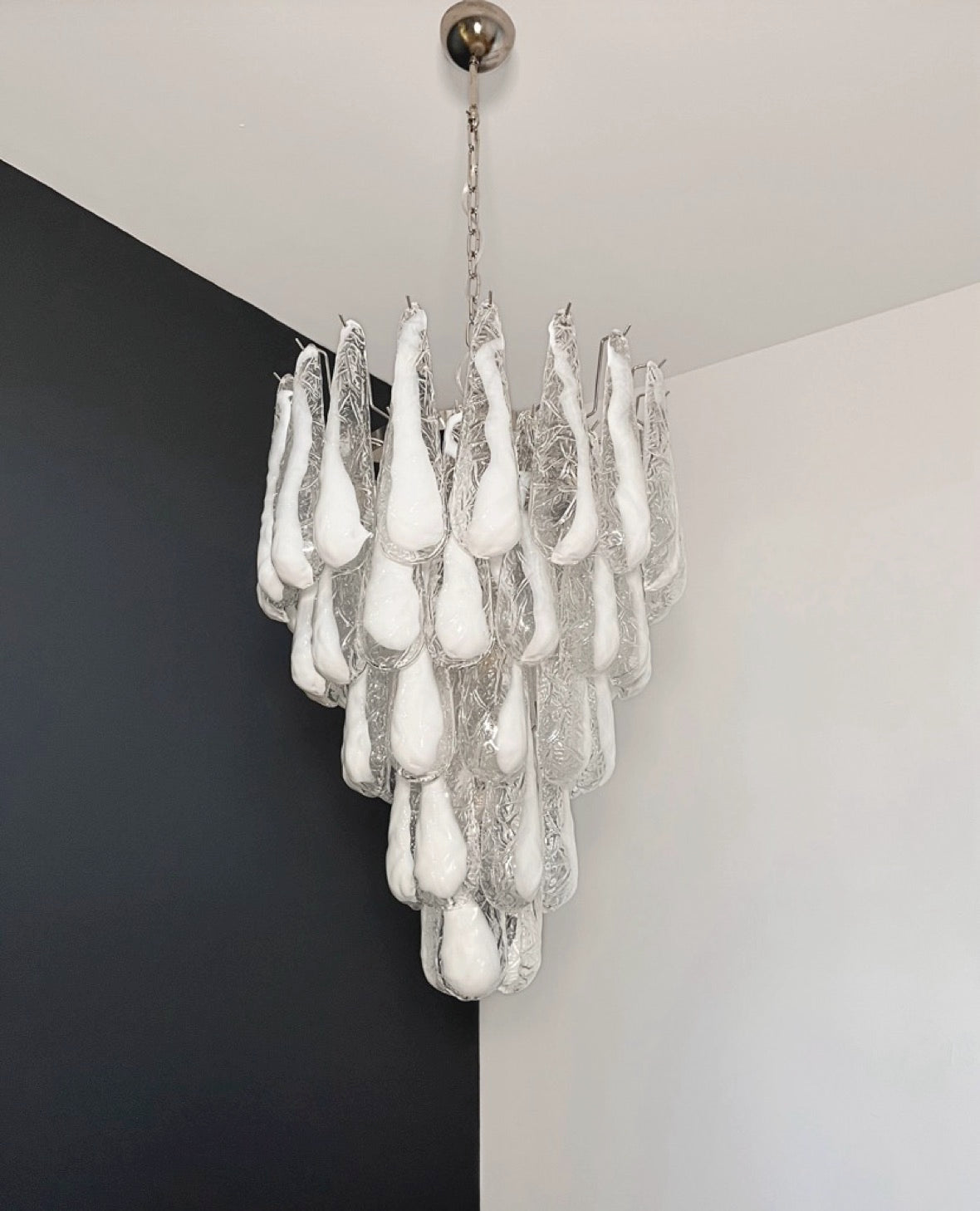 Italian Vintage Murano Chandelier 52 Glass lattimo Petals Drop