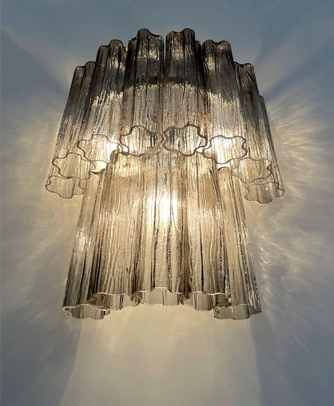 Fantastic pair of Murano Glass Tube wall sconces – 13 smoked glass tube