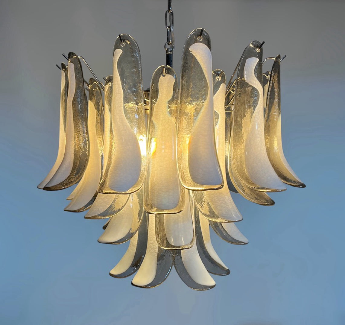 Italian vintage Murano chandelier – Mazzega – 36 lattimo smoked glass petals