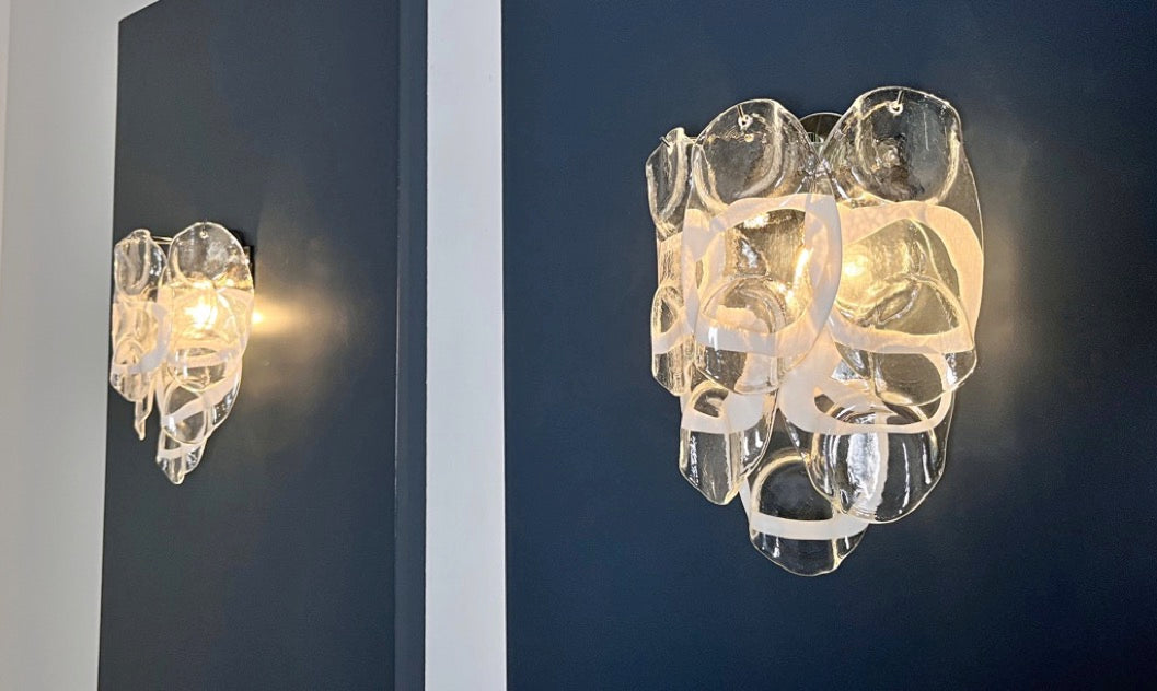 Murano Vegglampe | 6 Hvite Crostoliglass | 1 par