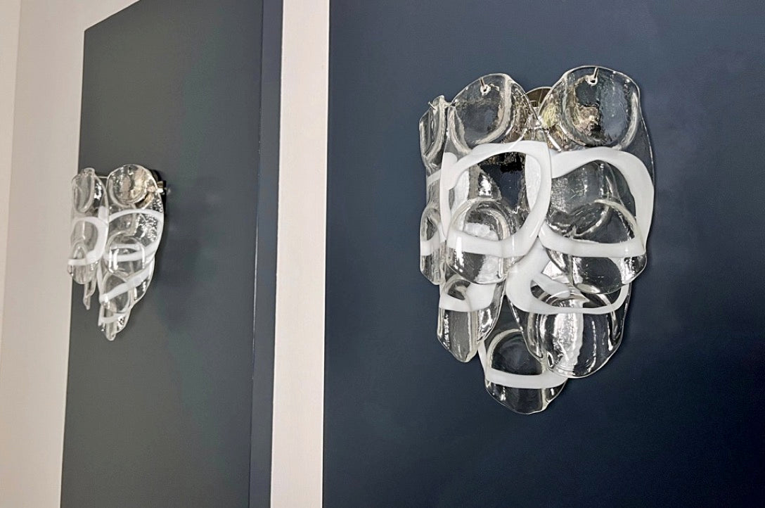 Murano Vegglampe | 6 Hvite Crostoliglass | 1 par