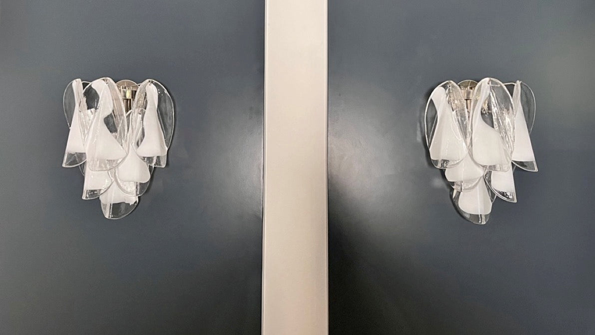 Murano Vegglampe | 12 Klare Hvite Rondiniglass | 1 par