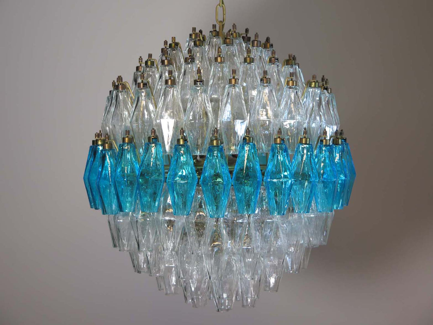 Murano Chandelier | 140 Clear and Blue Polyhedral Glass