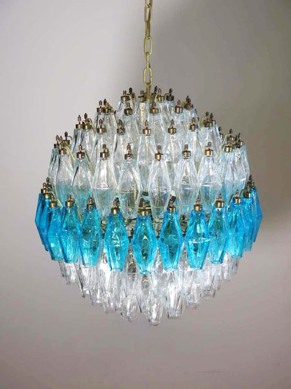 Murano Chandelier | 140 Clear and Blue Polyhedral Glass