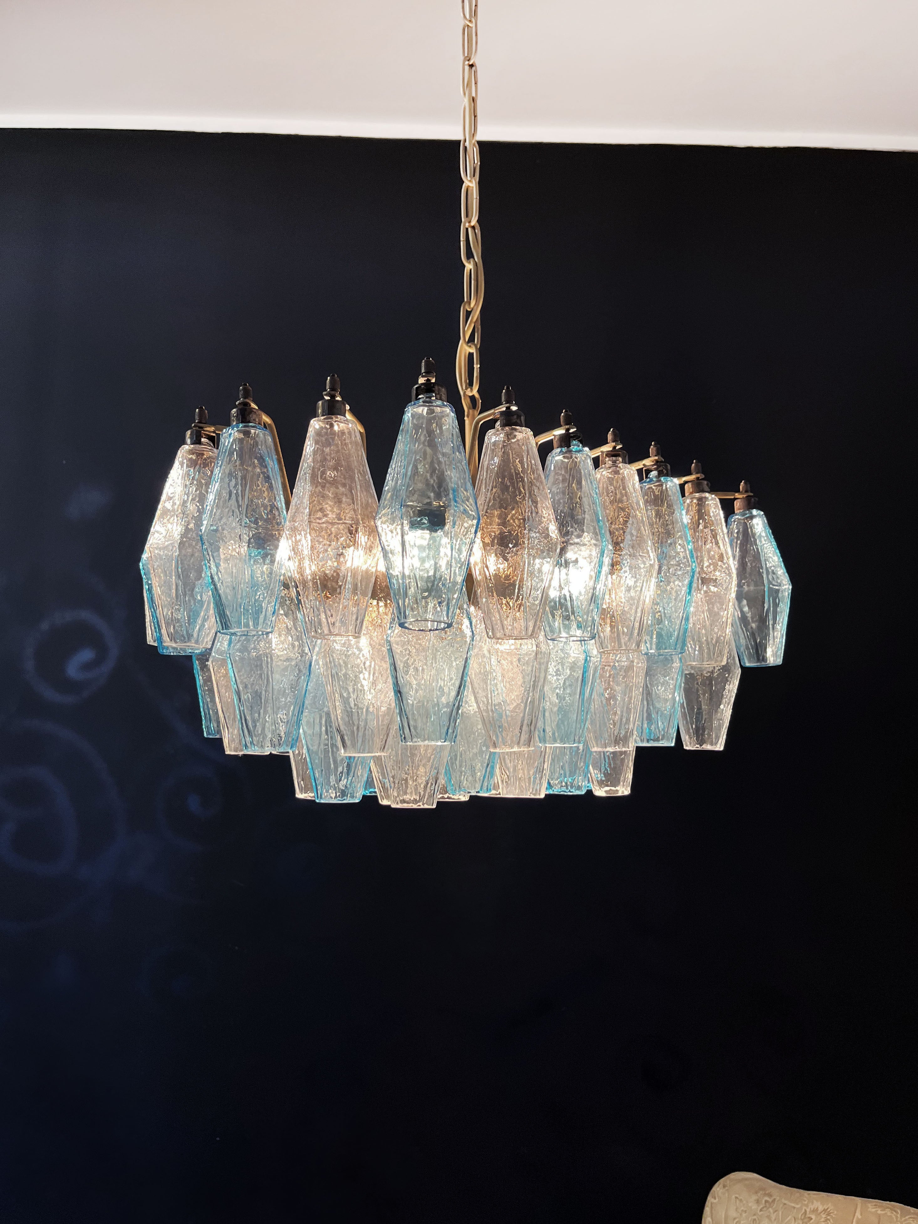 Murano Chandelier – 56 Clear and Blue Poliedri Glass – detail 6 – Murano Classics