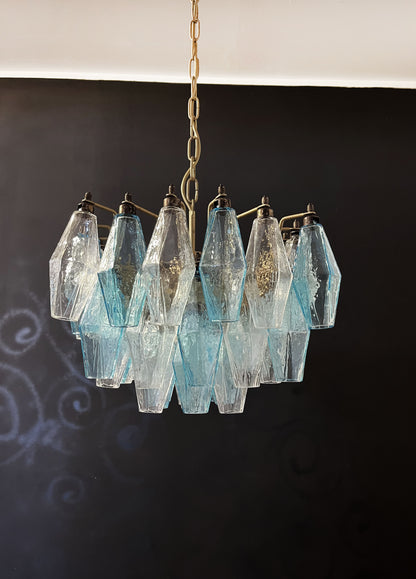 Murano Chandelier | 56 Clear and Blue Polyhedral Glass