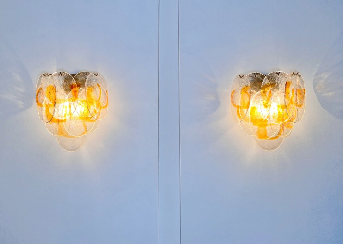 Murano Vegglampe | 20 Klare Gule Konglebladglass | 1 par