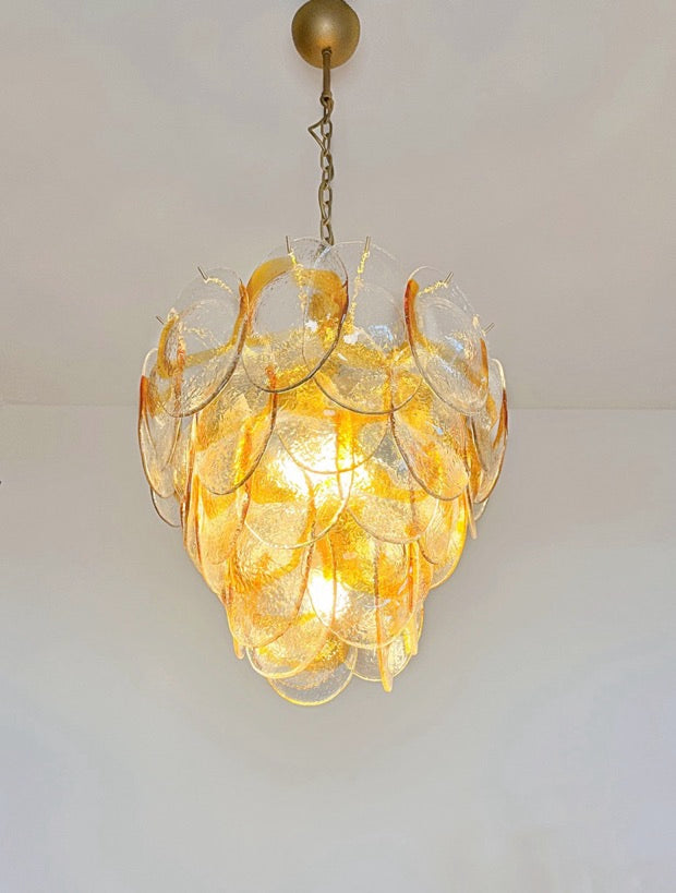 Murano Lysekrone | 41 Hvite Gule Konglebladglass