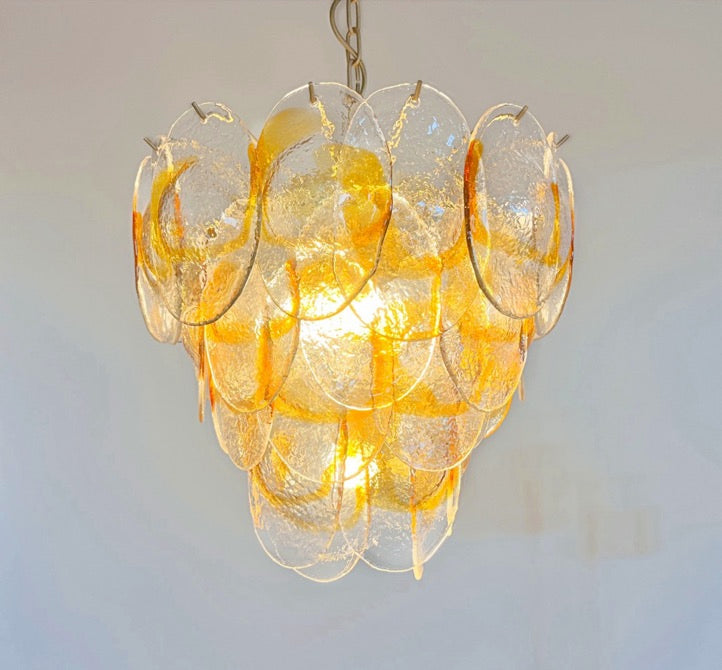 Murano Lysekrone | 41 Hvite Gule Konglebladglass