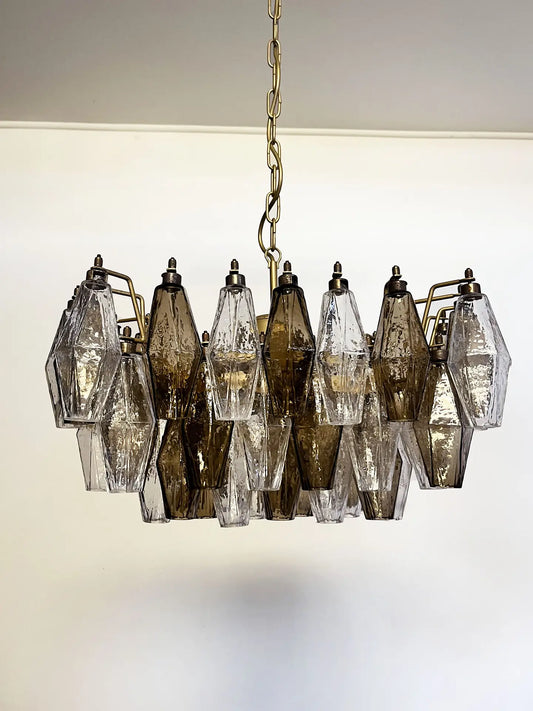 Murano Chandelier | 56 Clear and smoke colored Polyhedral glasses