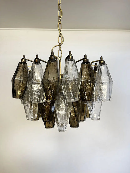 Murano Chandelier | 56 Clear and smoke colored Polyhedral glasses