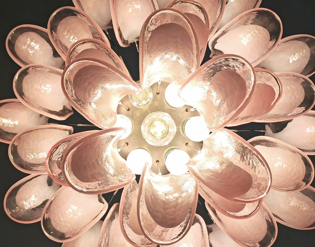 Murano Lysekrone | 36 Rosa Hvite Lattimo Konglebladglass